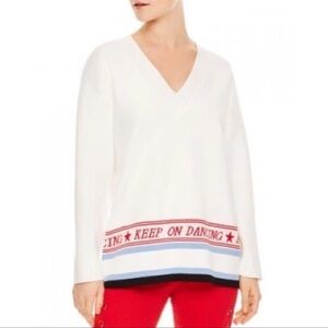 White V-Neck Women's Top with Red and Blue Accents